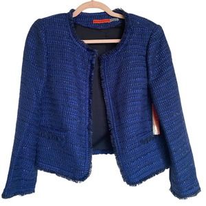 ALICE + OLIVIA NEW Cobalt Blue Blazer Jacket Black Textured Fringe Medium